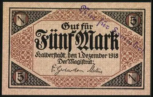 Notgeld Halberstadt 1918, 5 Mark, Stadtwappen
