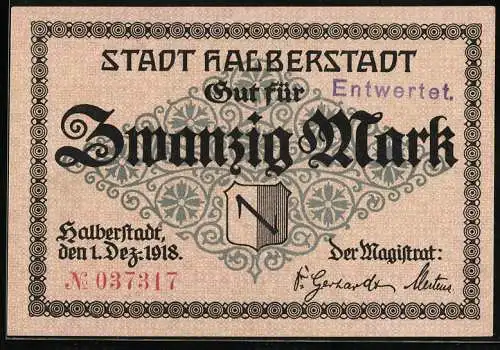 Notgeld Halberstadt 1918, 20 Mark, Kirche, Stadtwappen