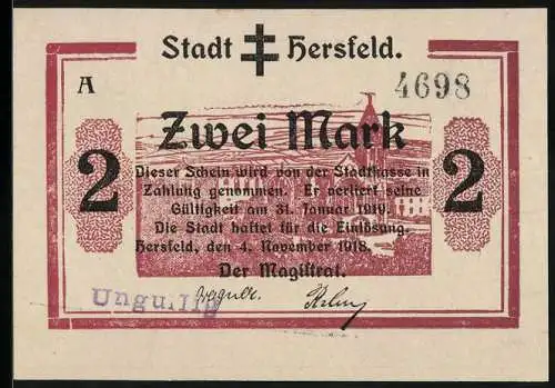 Notgeld Hersfeld 1918, 2 Mark, Ortspartie mit Kirche