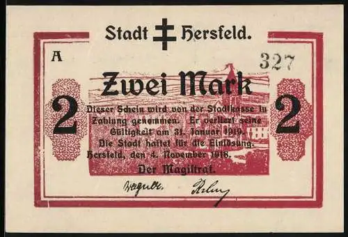 Notgeld Hersfeld 1918, 2 Mark, Ortspartie mit Kirche