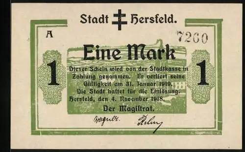 Notgeld Hersfeld 1918, 1 Mark, Ortspartie mit Kirche