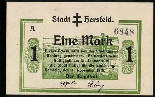 Notgeld Hersfeld 1918, 1 Mark, Ortspartie mit Kirche