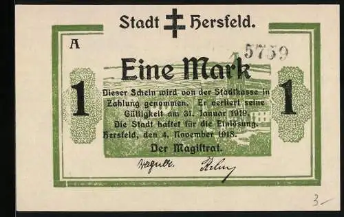 Notgeld Hersfeld 1918, 1 Mark, Ortspartie mit Kirche