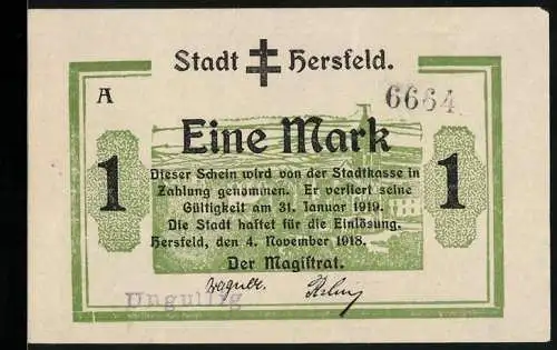 Notgeld Hersfeld 1918, 1 Mark, Panorama mit Kirche