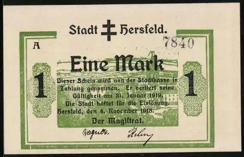 Notgeld Hersfeld 1918, 1 Mark, Panorama mit Kirche