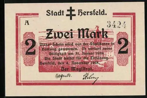 Notgeld Hersfeld 1918, 2 Mark, Panorama mit Kirche