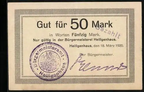 Notgeld Heiligenhaus 1920, 50 Mark, Banknote