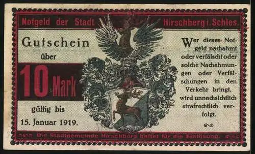 Notgeld Hirschberg i. Schles. 1919, 10 Mark, Stadtwappen