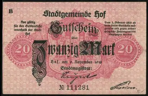 Notgeld Hof 1918, 20 Mark, Stadtwappen