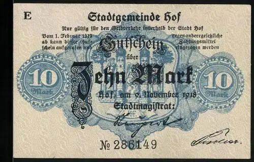 Notgeld Hof 1918, 10 Mark, Stadtwappen