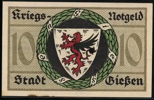 Notgeld Giessen 1918, 10 Mark, Ortspartie mit Kirchturm, Stadtwappen