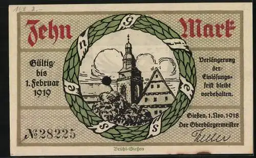 Notgeld Giessen 1918, 10 Mark, Ortspartie mit Kirchturm, Stadtwappen