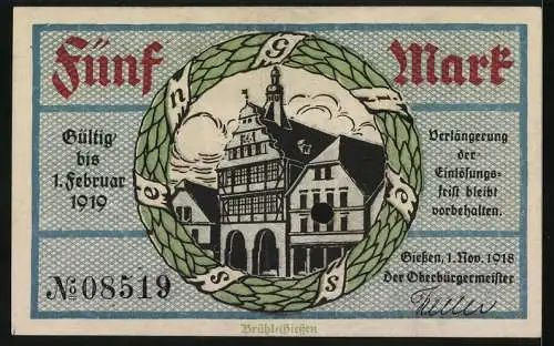 Notgeld Giessen 1918, 5 Mark, Ortspartie mit Fachwerkhaus, Stadtwappen
