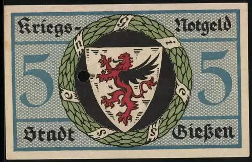 Notgeld Giessen 1918, 5 Mark, Ortspartie mit Fachwerkhaus, Stadtwappen