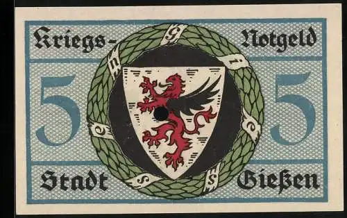 Notgeld Giessen 1918, 5 Mark, Ortspartie mit Fachwerkhaus, Stadtwappen