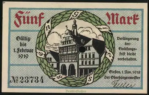 Notgeld Giessen 1918, 5 Mark, Ortspartie mit Fachwerkhaus, Stadtwappen