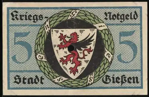 Notgeld Giessen 1918, 5 Mark, Ortspartie mit Fachwerkhaus, Stadtwappen