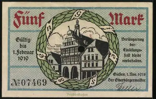 Notgeld Giessen 1918, 5 Mark, Ortspartie mit Fachwerkhaus, Stadtwappen