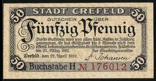 Notgeld Crefeld 1920, 50 Pfennig, Rathaus