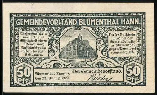 Notgeld Blumenthal /Hann. 1920, 50 Pfennig, Rathaus, Panorama