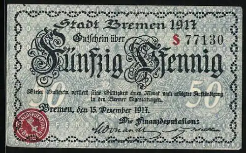 Notgeld Bremen 1917, 50 Pfennig, Rathaus