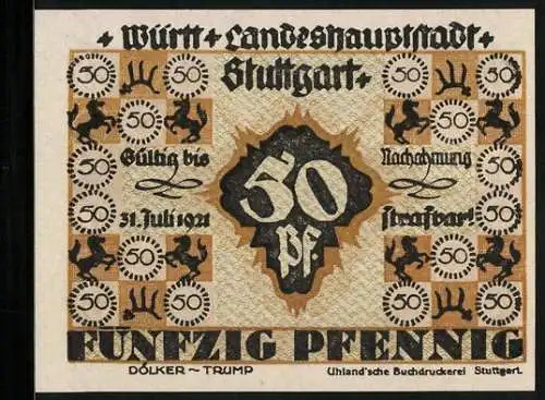 Notgeld Stuttgart /Württ., 50 Pfennig, Rathaus