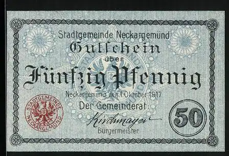 Notgeld Neckargemünd 1917, 50 Pfennig, Adler mit Wappen