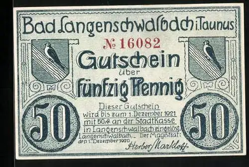 Notgeld Bad Langenschwalbach i. Taunus 1920, 50 Pfennig, Stadtwappen