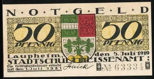 Notgeld Laupheim 1919, 50 Pfennig, Teilansicht, Stadtwappen