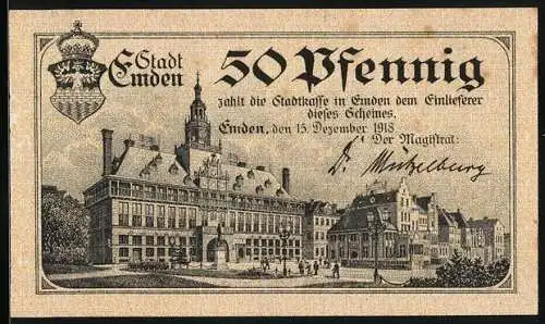 Notgeld Emden 1918, 50 Pfennig, Rathaus mit Denkmal