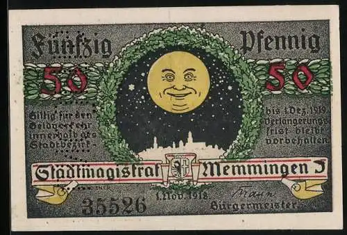 Notgeld Memmingen 1918, 50 Pfennig, Memminger Mau, Rathaus, Stadtwappen