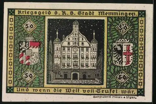 Notgeld Memmingen 1918, 50 Pfennig, Memminger Mau, Rathaus, Stadtwappen