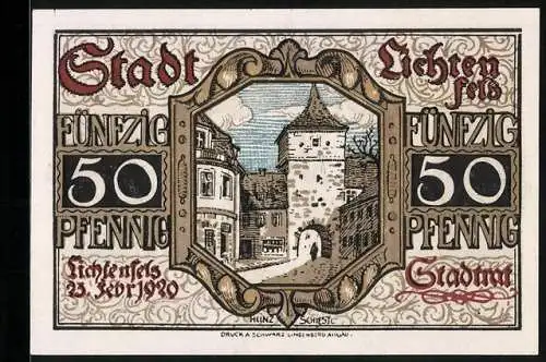 Notgeld Lichtenfels 1920, 50 Pfennig, Strassenpartie mit Tor, Stadtwappen