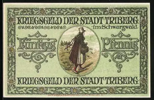 Notgeld Triberg im Schwarzwald 1918, 50 Pfennig, Junge Frau mit Korb, Stadtwappen