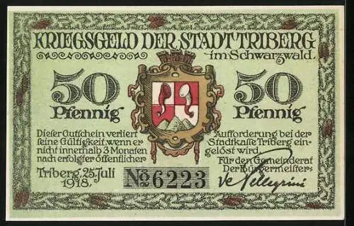 Notgeld Triberg im Schwarzwald 1918, 50 Pfennig, Junge Frau mit Korb, Stadtwappen