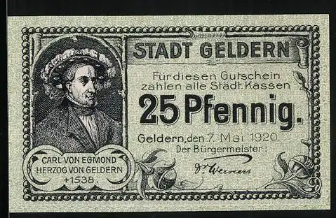 Notgeld Geldern 1920, 25 Pfennig, Carl von Egmond, Herzog von Geldern, Gest. 1538