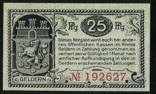 Notgeld Geldern 1920, 25 Pfennig, Carl von Egmond, Herzog von Geldern, Gest. 1538