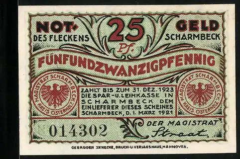 Notgeld Scharmbeck 1921, 25 Pfennig, Stadtwappen