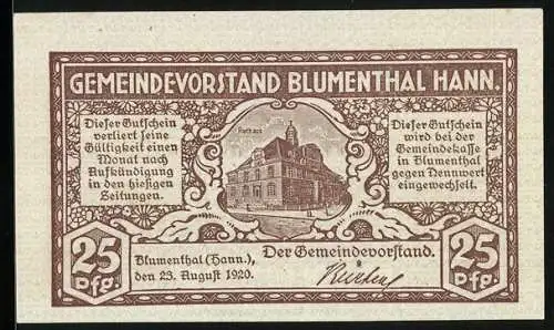 Notgeld Blumenthal /Hann., 25 Pfennig, Rathaus, Teilansicht