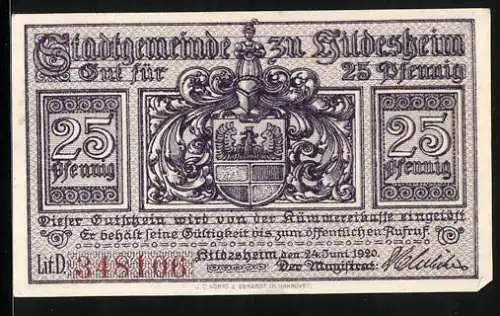 Notgeld Hildesheim 1920, 25 Pfennig, Stadtwappen