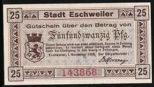Notgeld Eschweiler 1918, 25 Pfennig, Stadtwappen