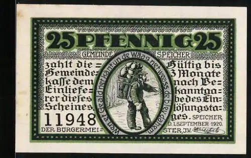 Notgeld Speicher 1920, 25 Pfennig, Händler mit Krügen