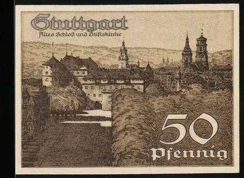 Notgeld Stuttgart 1921, 50 Pfennig, Altes Schloss und Stiftskirche