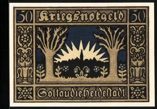 Notgeld Soltau 1921, 50 Pfennig, Ortspartie mit Bäumen, Wappen
