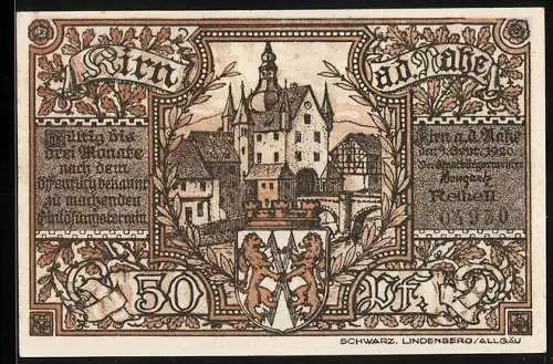 Notgeld Kirn a. d. Nahe 1920, 50 Pfennig, Altes Rathaus mit Wappen, Die Kyrburg vor ihrer Zerstörung 1734