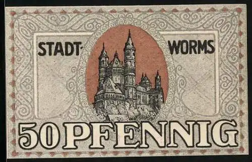 Notgeld Worms 1919, 50 Pfennig, Blick zur Kirche