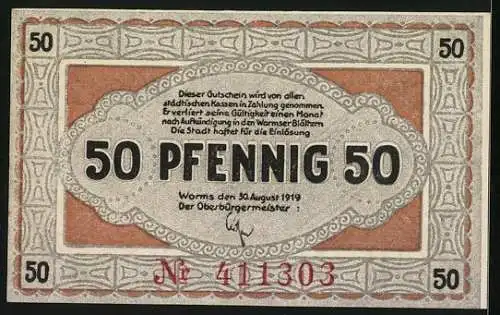 Notgeld Worms 1919, 50 Pfennig, Blick zur Kirche