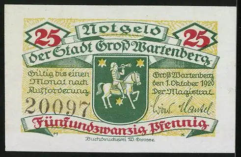 Notgeld Gross Wartenberg 1920, 25 Pfennig, Rathaus, Wappen