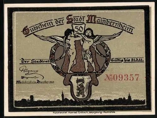 Notgeld Mainbernheim 1921, 50 Pfennig, Stadtsilhouette, Zwei Engel mit Wappen