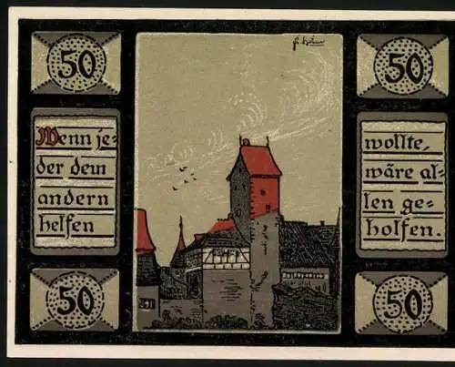 Notgeld Mainbernheim 1921, 50 Pfennig, Stadtsilhouette, Zwei Engel mit Wappen